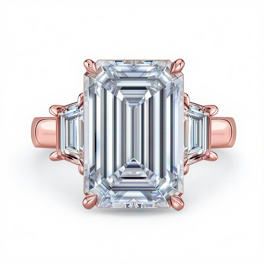 Emerald Diamond Trapezoid Cathedral Three Stone Ring