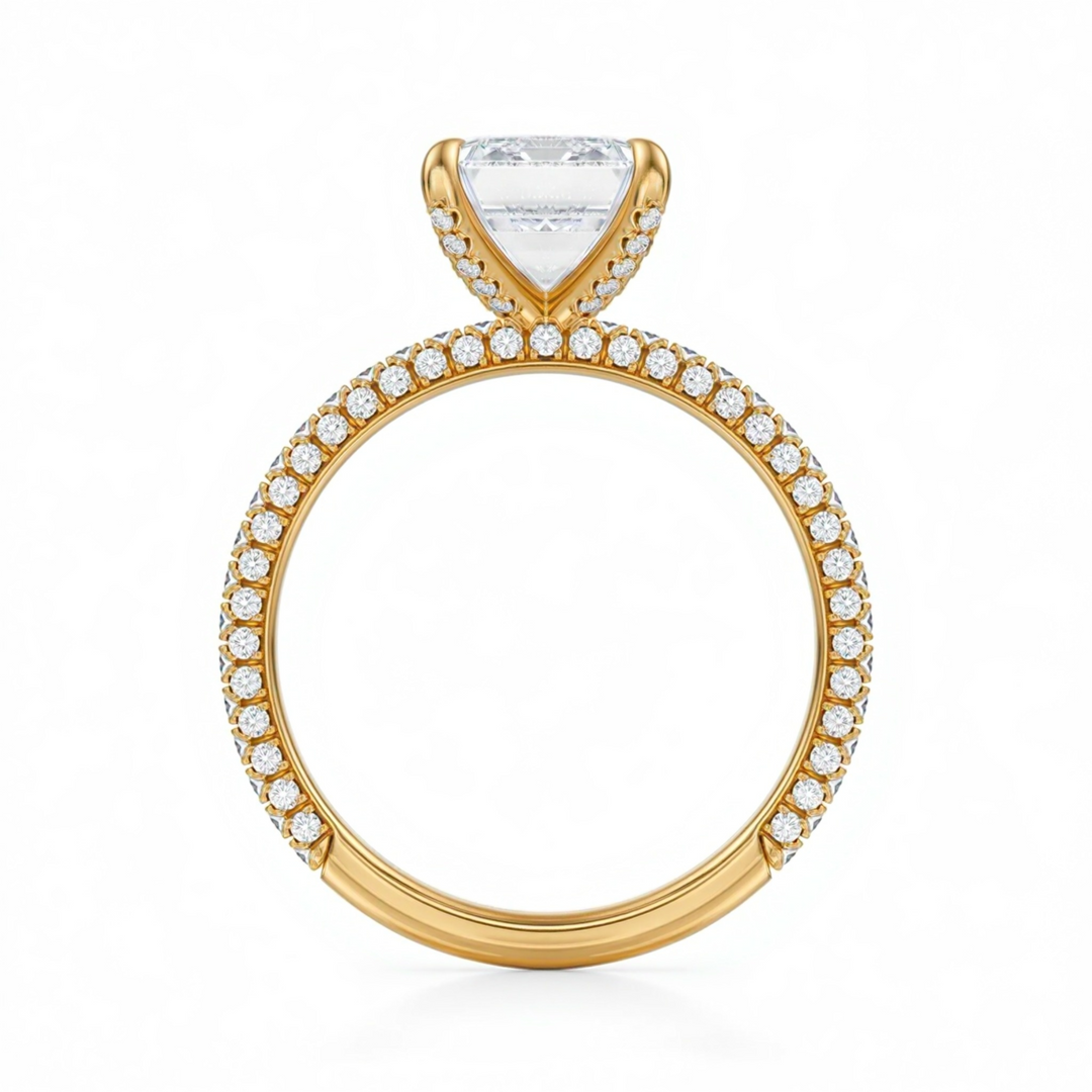 Emerald Three Row Pave Ring With Pave Prongs