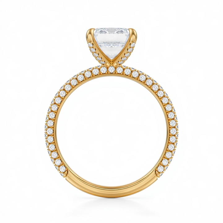 Emerald Three Row Pave Ring With Pave Prongs