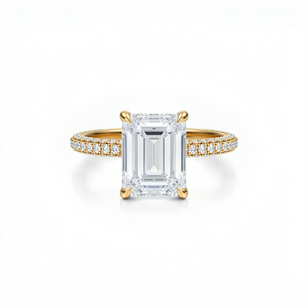 Emerald Three Row Pave Ring With Pave Prongs