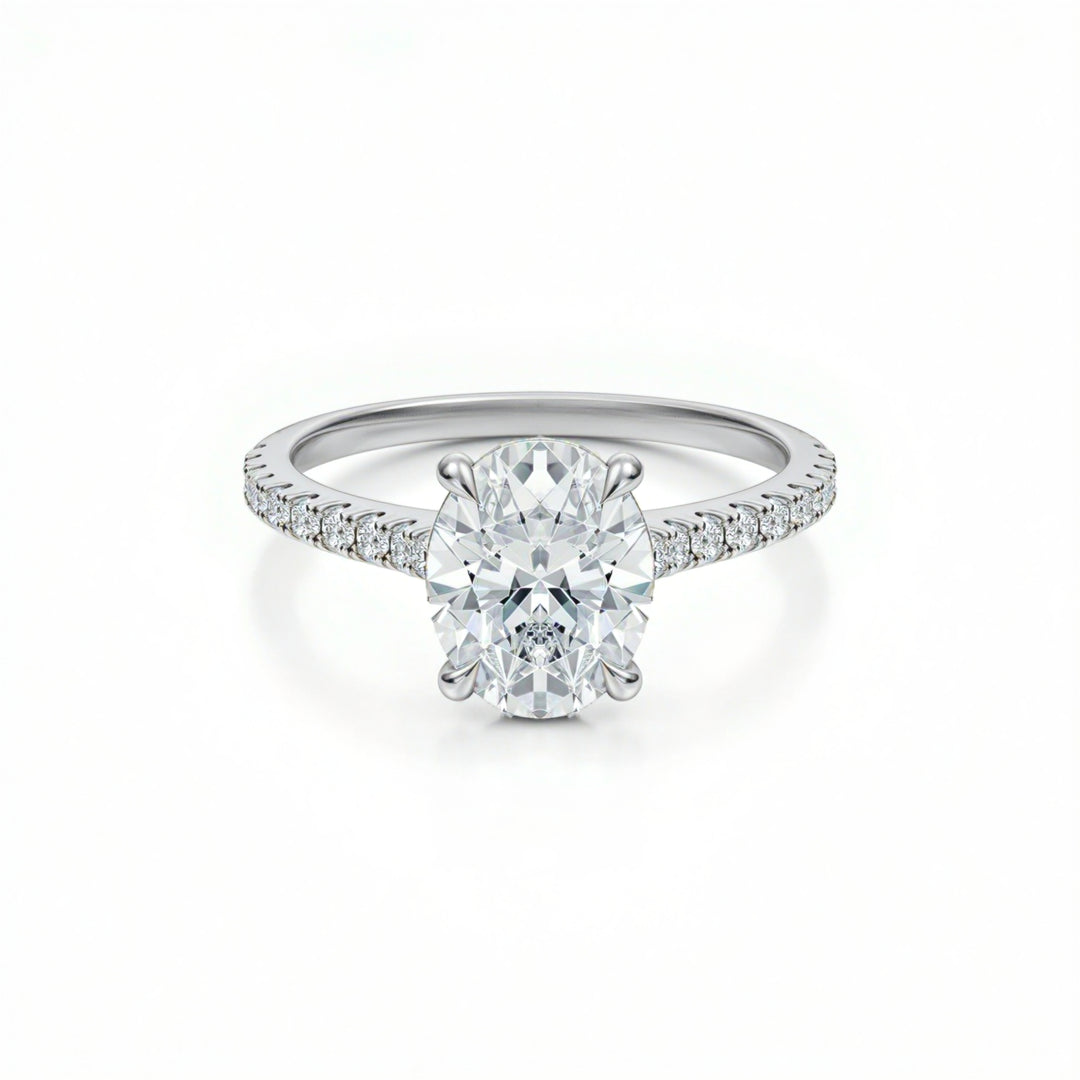 Oval Pave Cathedral Ring With Diamond Basket