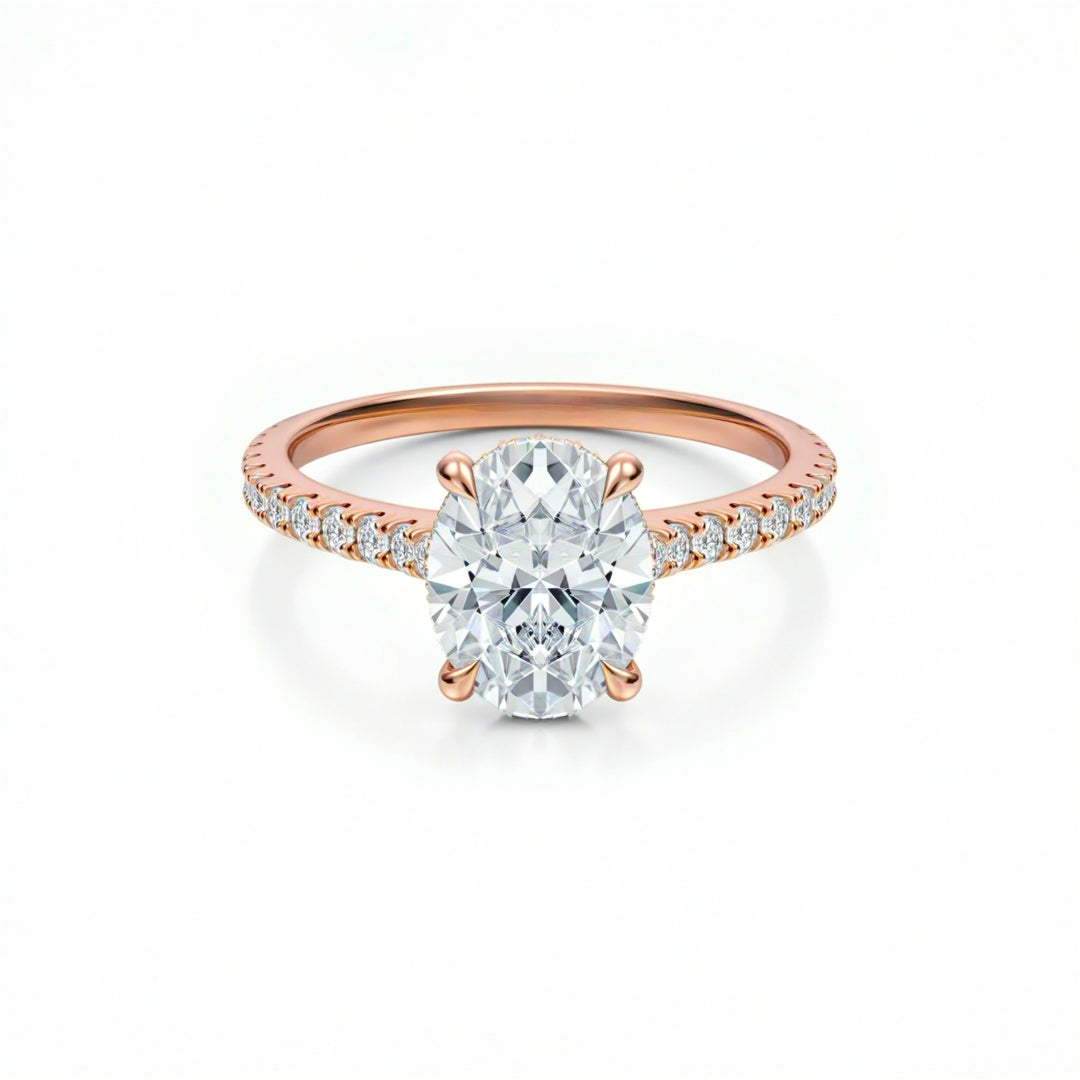 Oval Pave Cathedral Ring With Diamond Basket