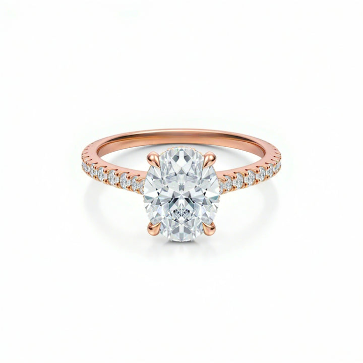 Oval Pave Cathedral Ring With Diamond Basket