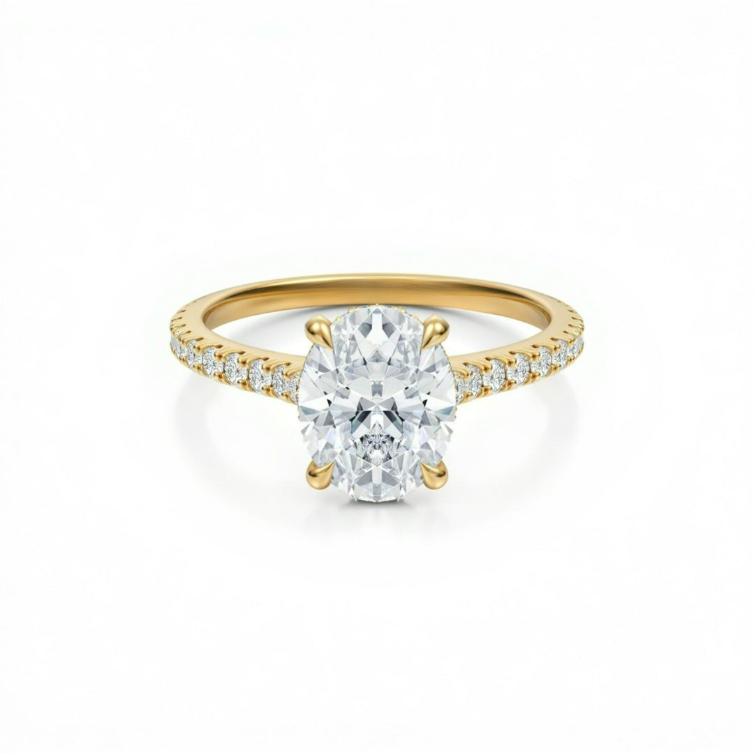 Oval Pave Cathedral Ring With Diamond Basket