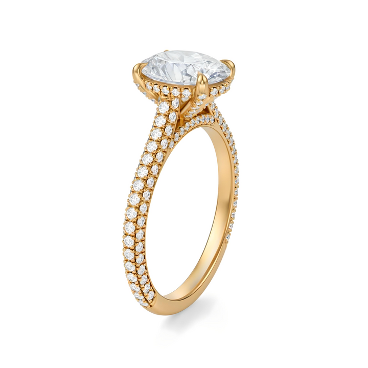 Oval Three Row Pave Cathedral Ring With Diamond Basket