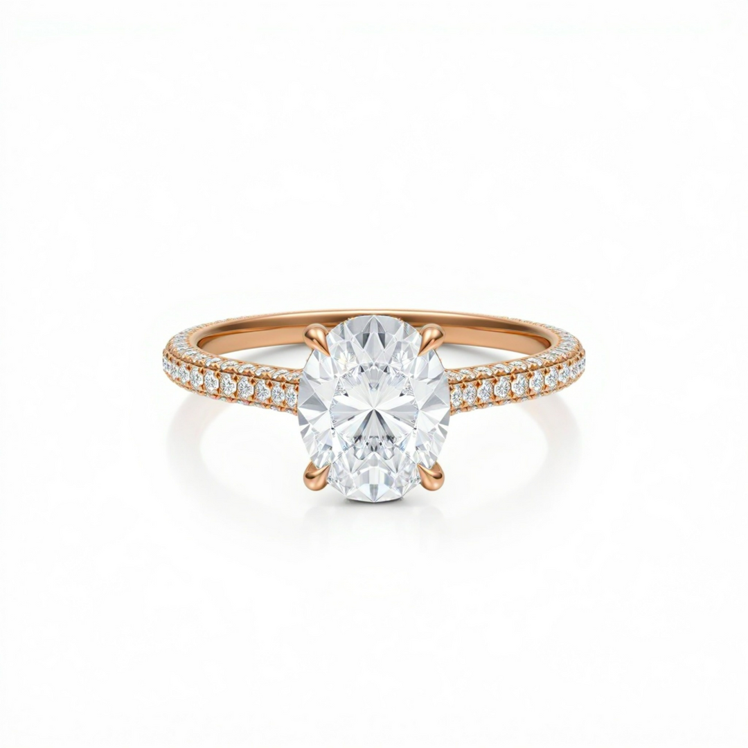 Oval Three Row Pave Cathedral Ring With Diamond Basket