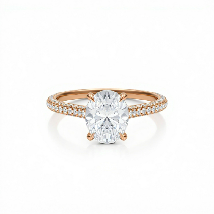 Oval Three Row Pave Cathedral Ring With Diamond Basket