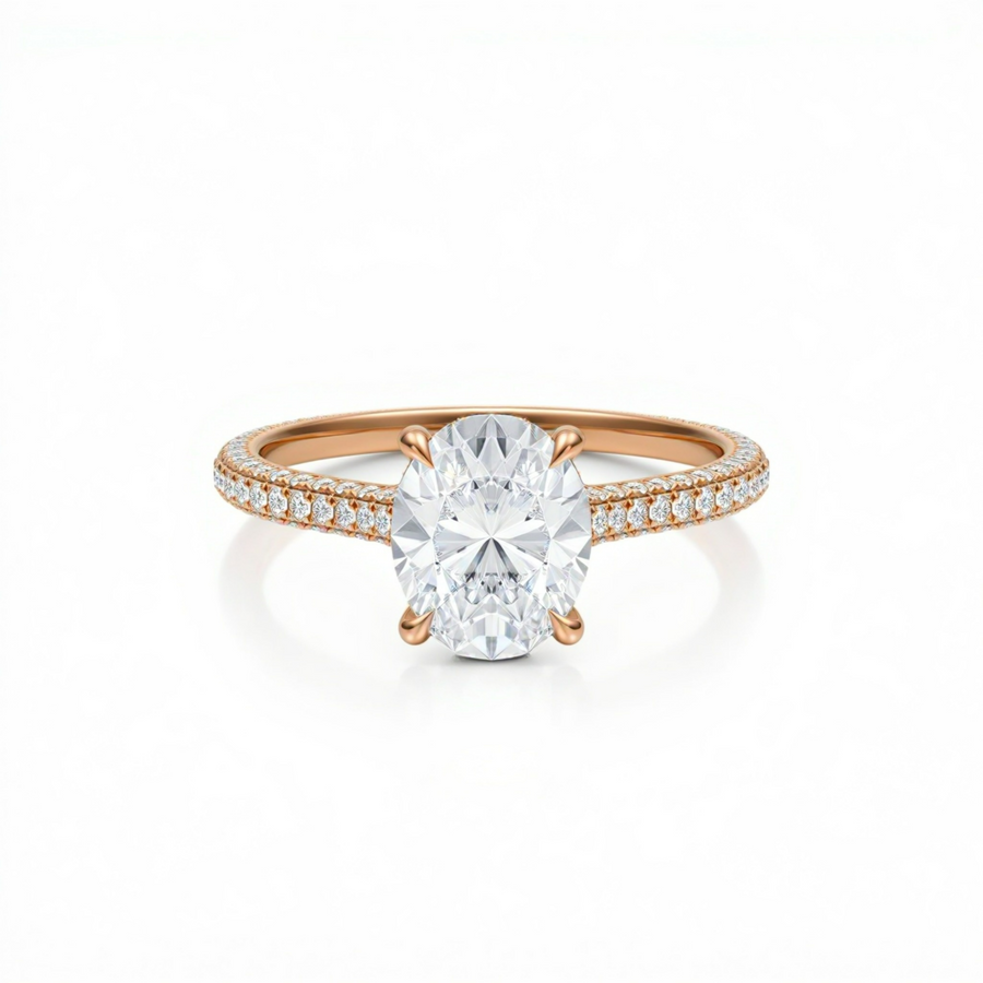 Oval Three Row Pave Cathedral Ring With Diamond Basket