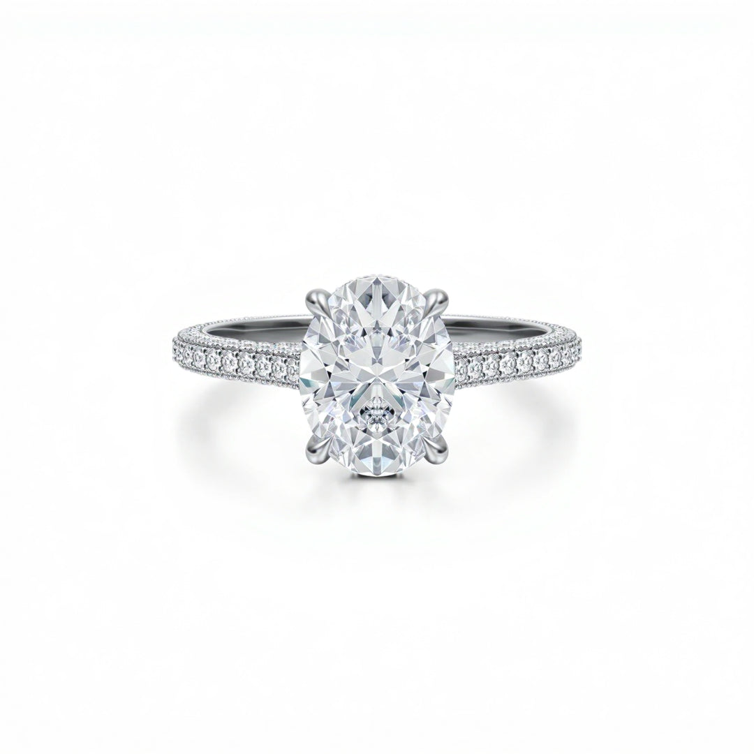 Oval Three Row Pave Cathedral Ring With Diamond Basket