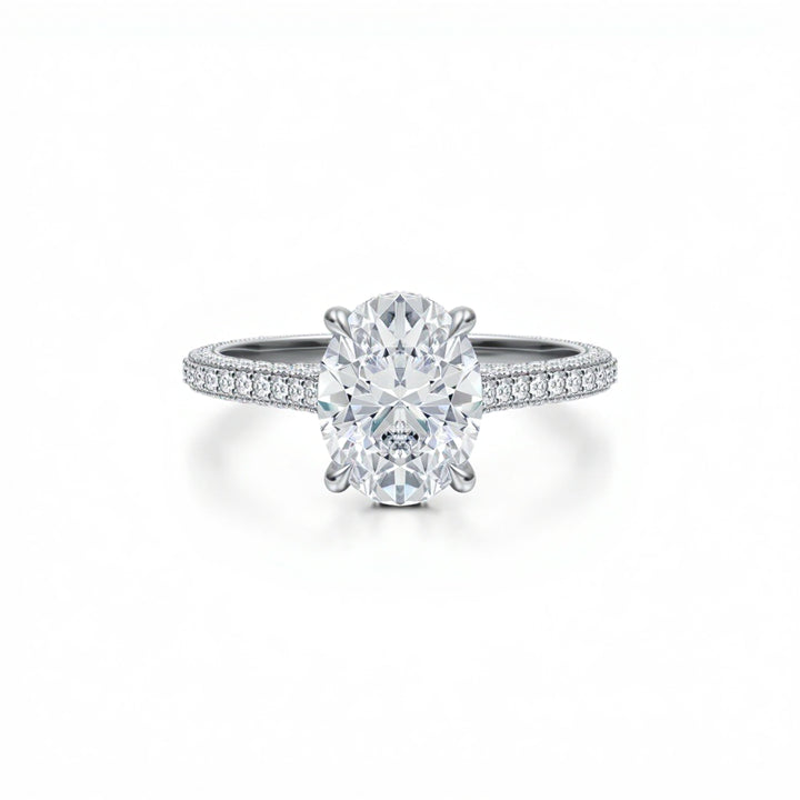 Oval Three Row Pave Cathedral Ring With Diamond Basket