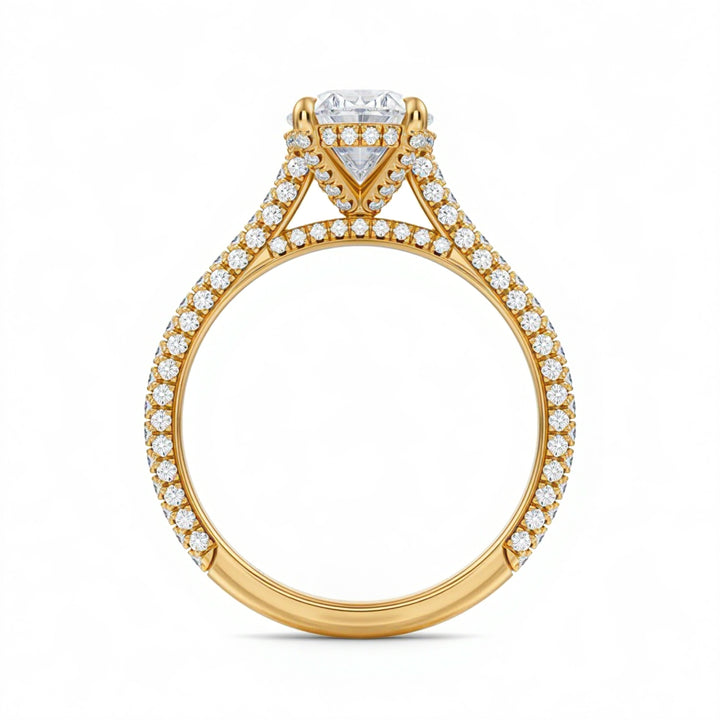 Oval Three Row Pave Cathedral Ring With Diamond Basket