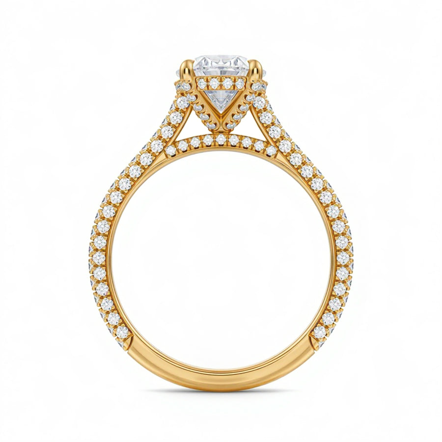 Oval Three Row Pave Cathedral Ring With Diamond Basket