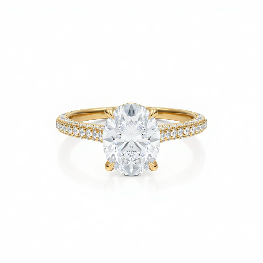 Oval Three Row Pave Cathedral Ring With Diamond Basket
