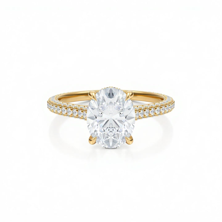 Oval Three Row Pave Cathedral Ring With Diamond Basket