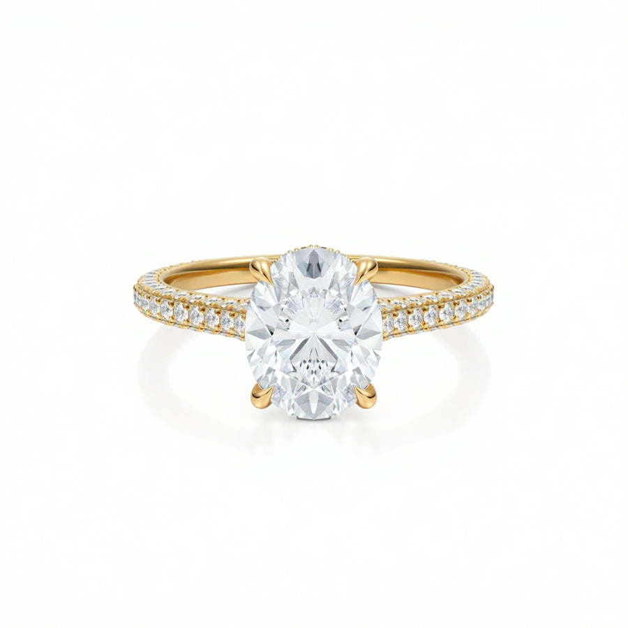 Oval Three Row Pave Cathedral Ring With Diamond Basket