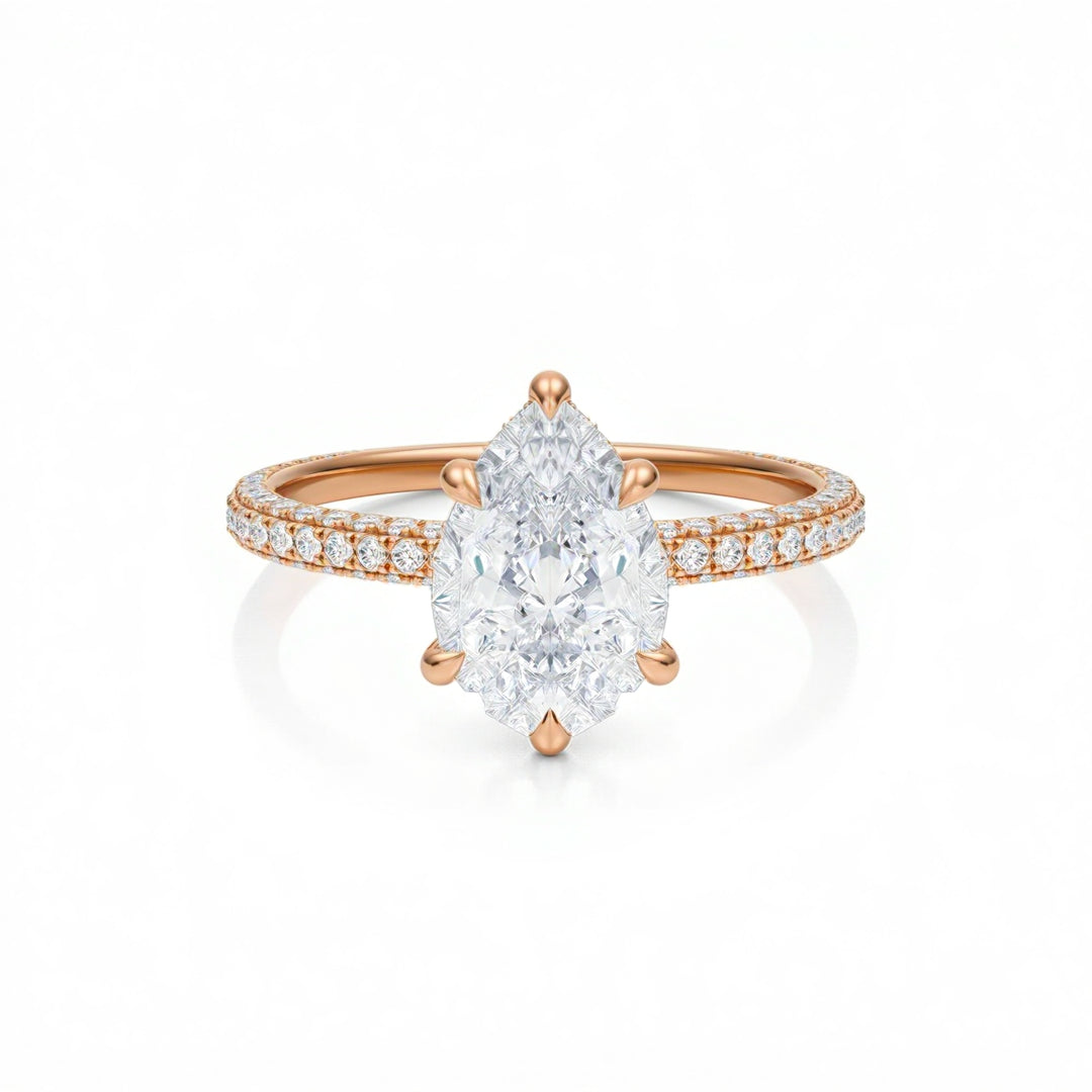 Pear Diamond Basket With Three Row Pave Ring