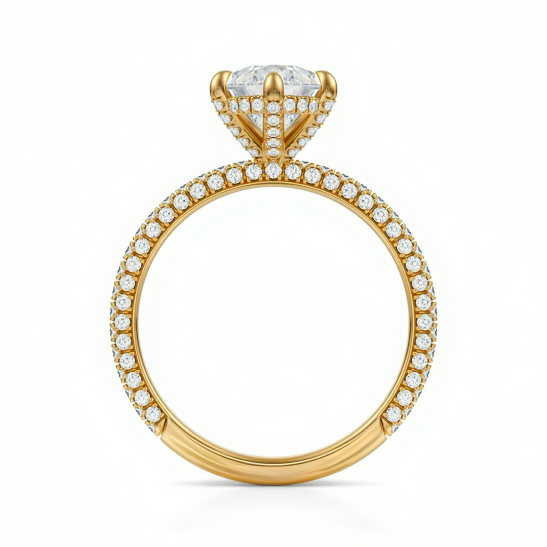 Pear Diamond Basket With Three Row Pave Ring