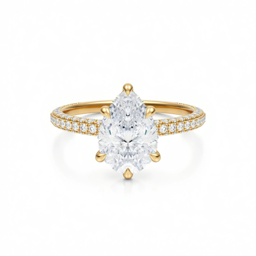 Pear Diamond Basket With Three Row Pave Ring