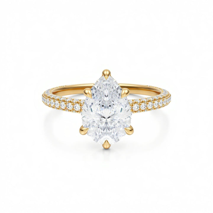 Pear Diamond Basket With Three Row Pave Ring