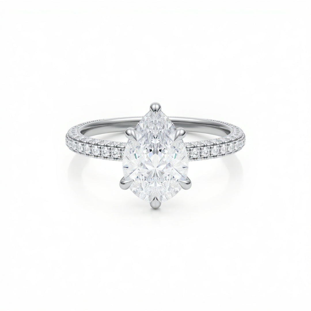 Pear Diamond Basket With Three Row Pave Ring