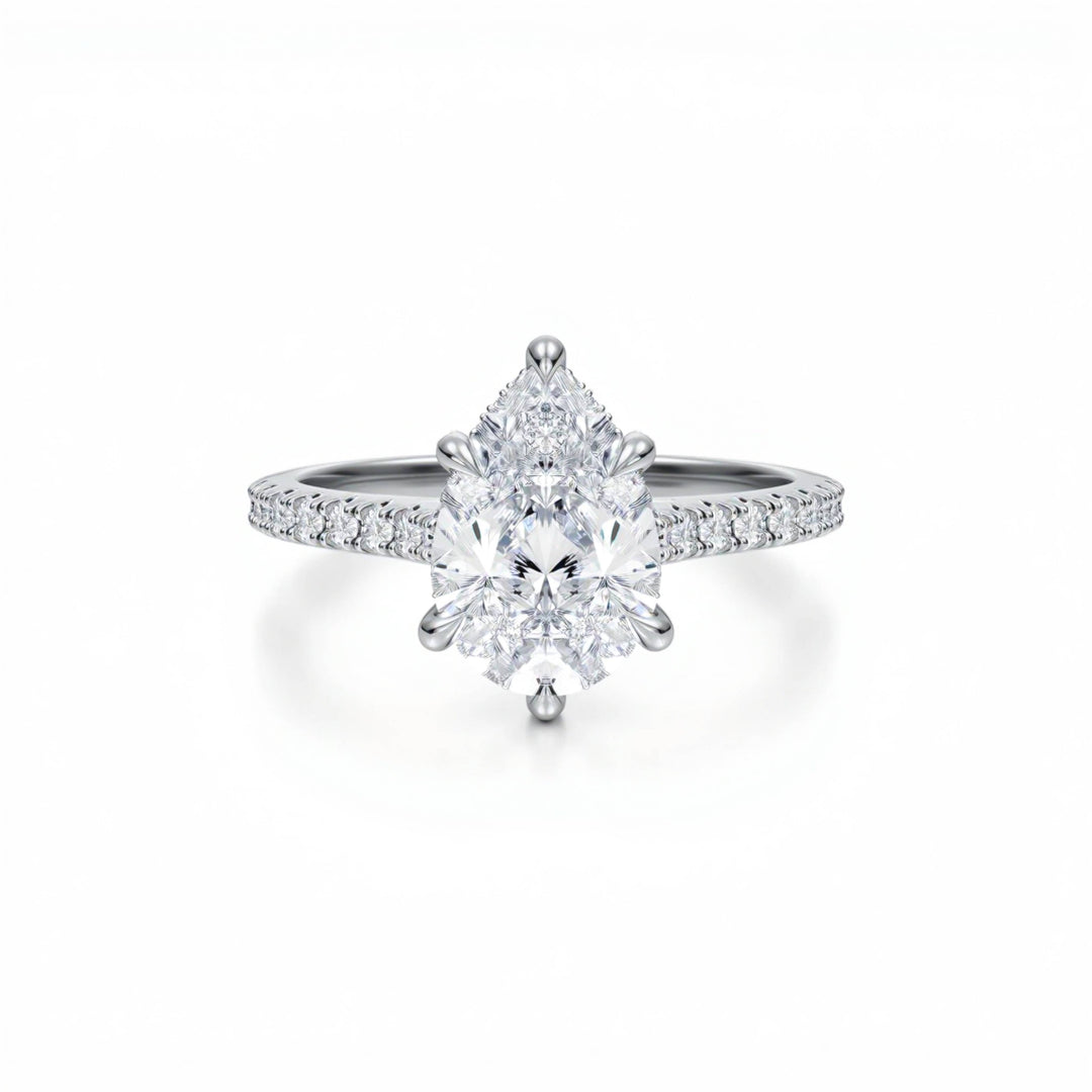 Pear Pave Cathedral Ring With Diamond Basket
