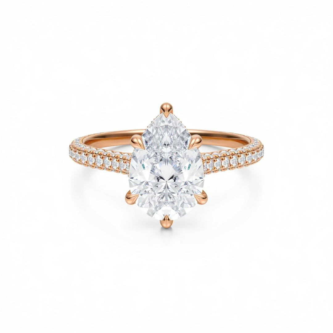 Pear Three Row Pave Cathedral Ring With Diamond Basket