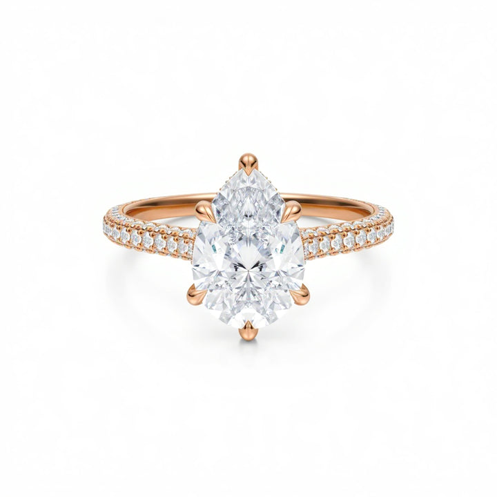 Pear Three Row Pave Cathedral Ring With Diamond Basket