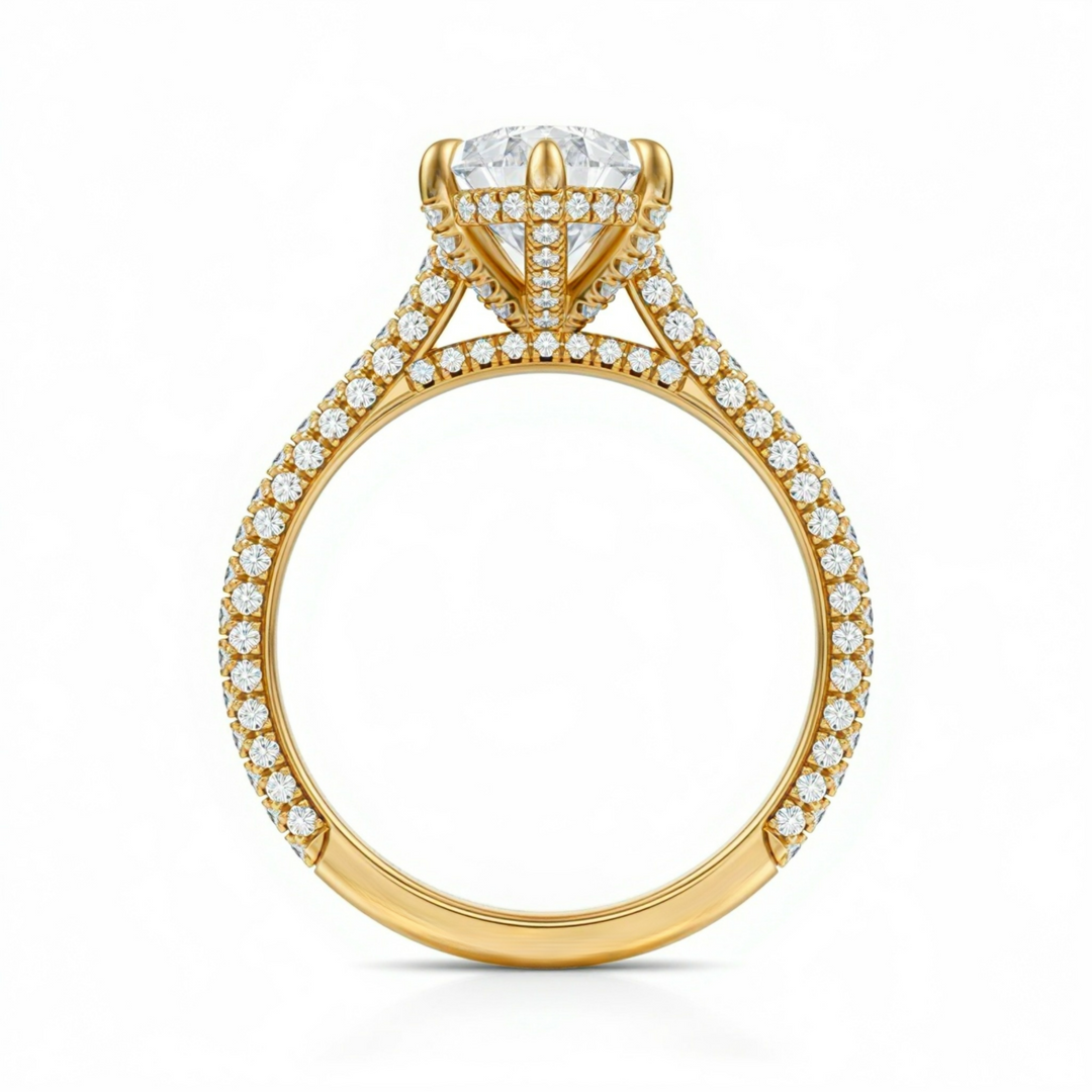 Pear Three Row Pave Cathedral Ring With Diamond Basket