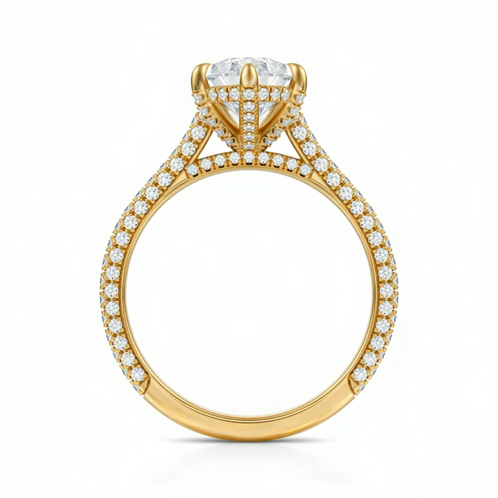 Pear Three Row Pave Cathedral Ring With Diamond Basket