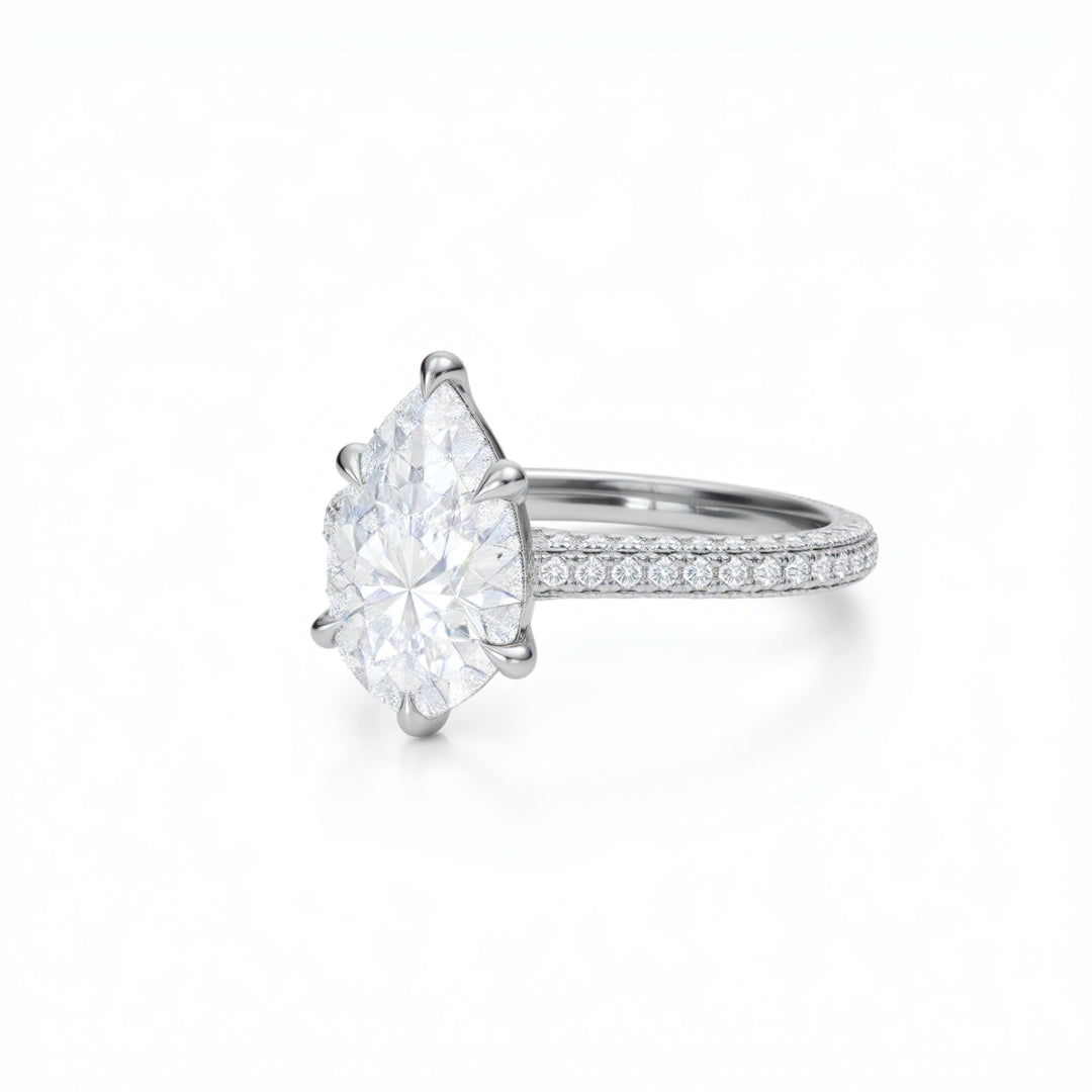 Pear Three Row Pave Cathedral Ring With Diamond Basket