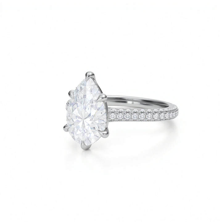 Pear Three Row Pave Cathedral Ring With Diamond Basket