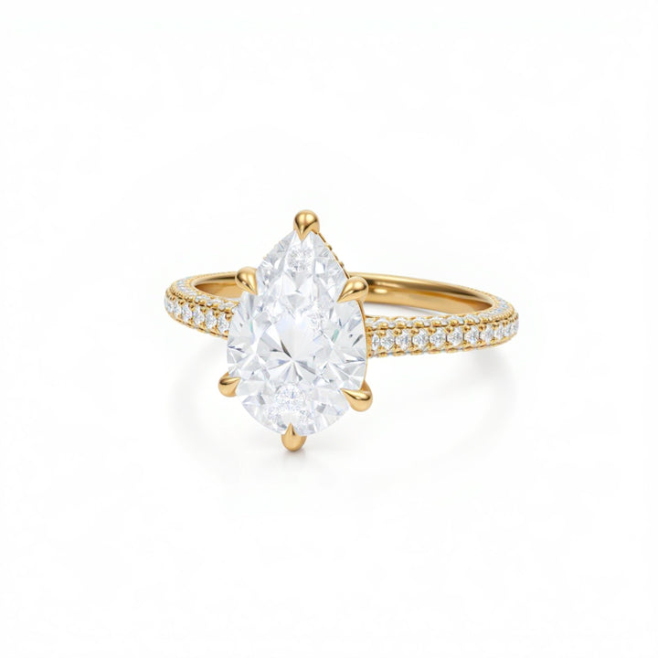 Pear Three Row Pave Cathedral Ring With Diamond Basket