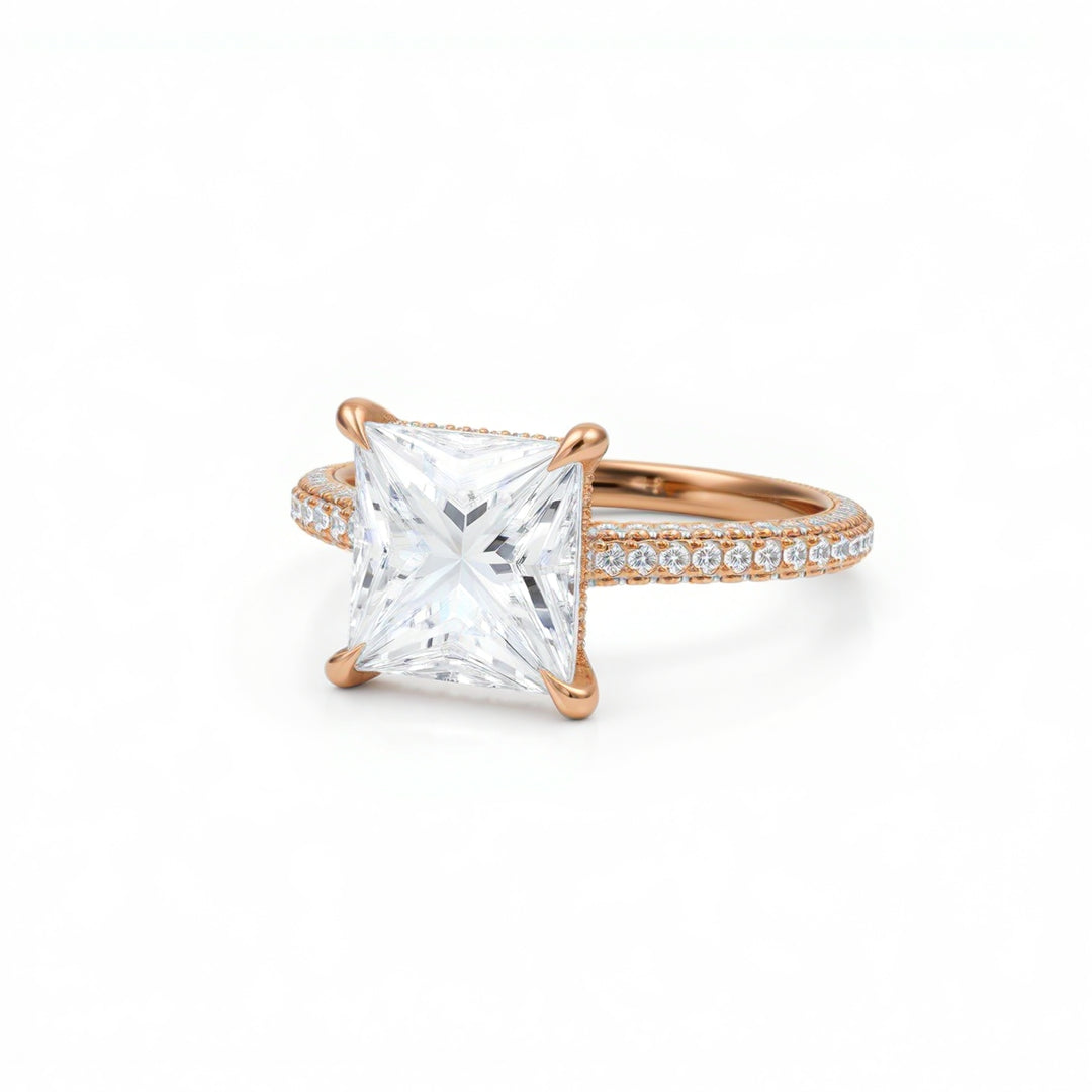 Princess Three Row Pave Cathedral Ring With Diamond Basket