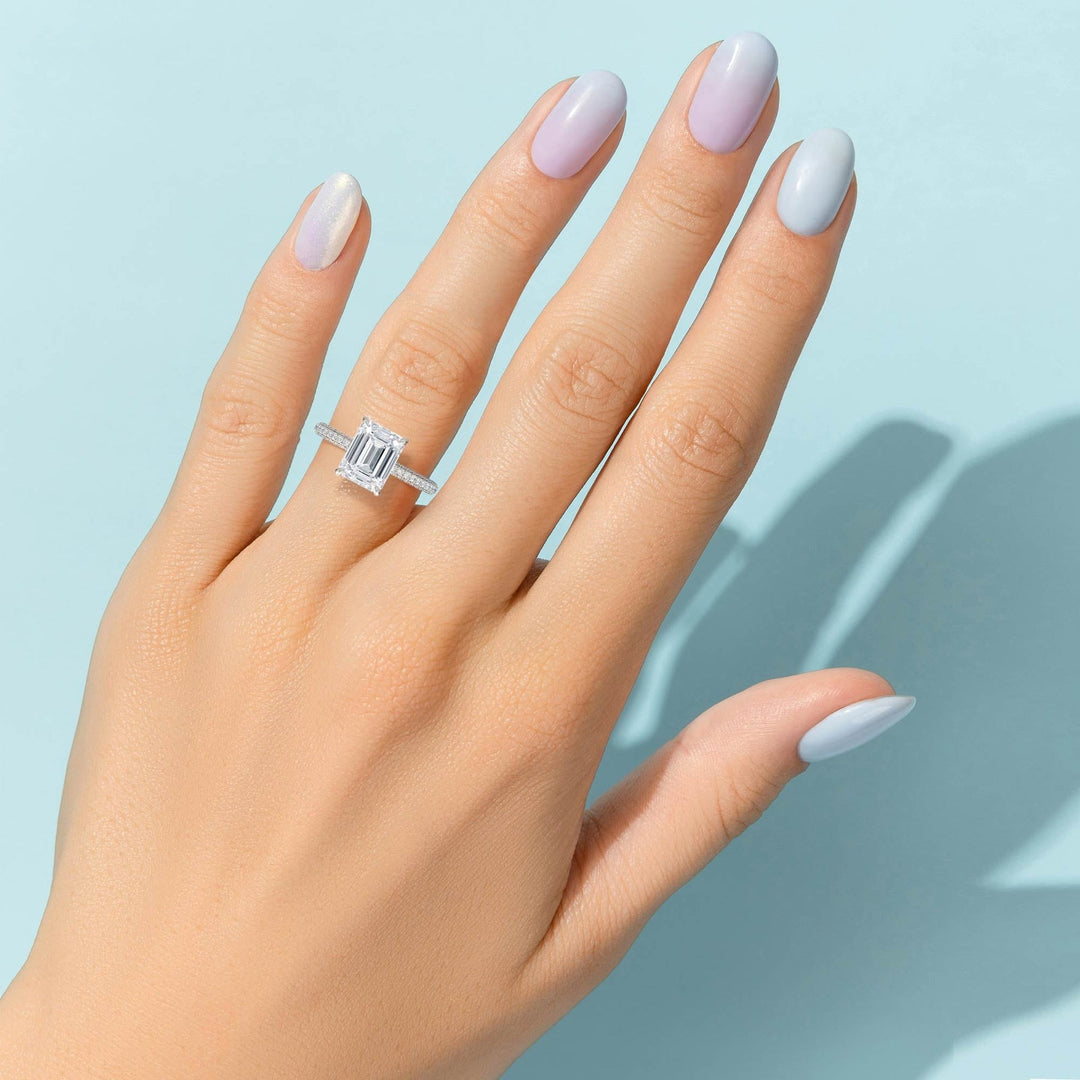 Emerald Trio Pave Cathedral Ring With Low Pave Basket