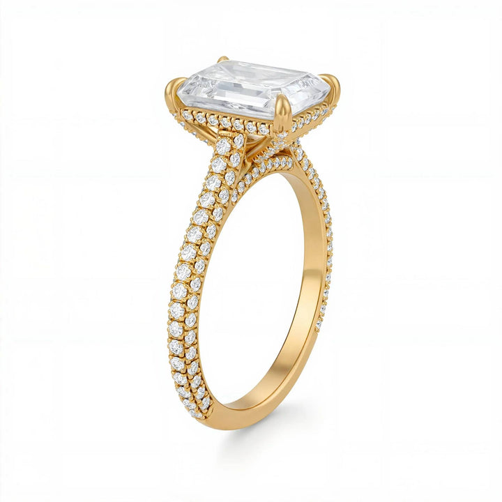 Emerald Three Row Pave Cathedral Ring With Diamond Basket
