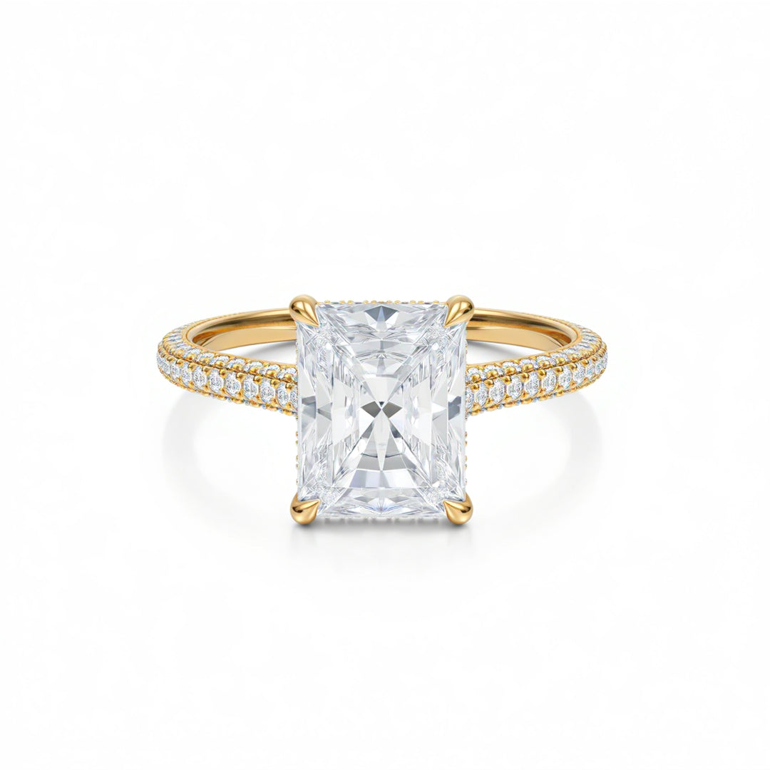 Radiant Three Row Pave Cathedral Ring With Diamond Basket