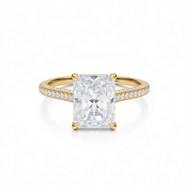 Radiant Three Row Pave Cathedral Ring With Diamond Basket