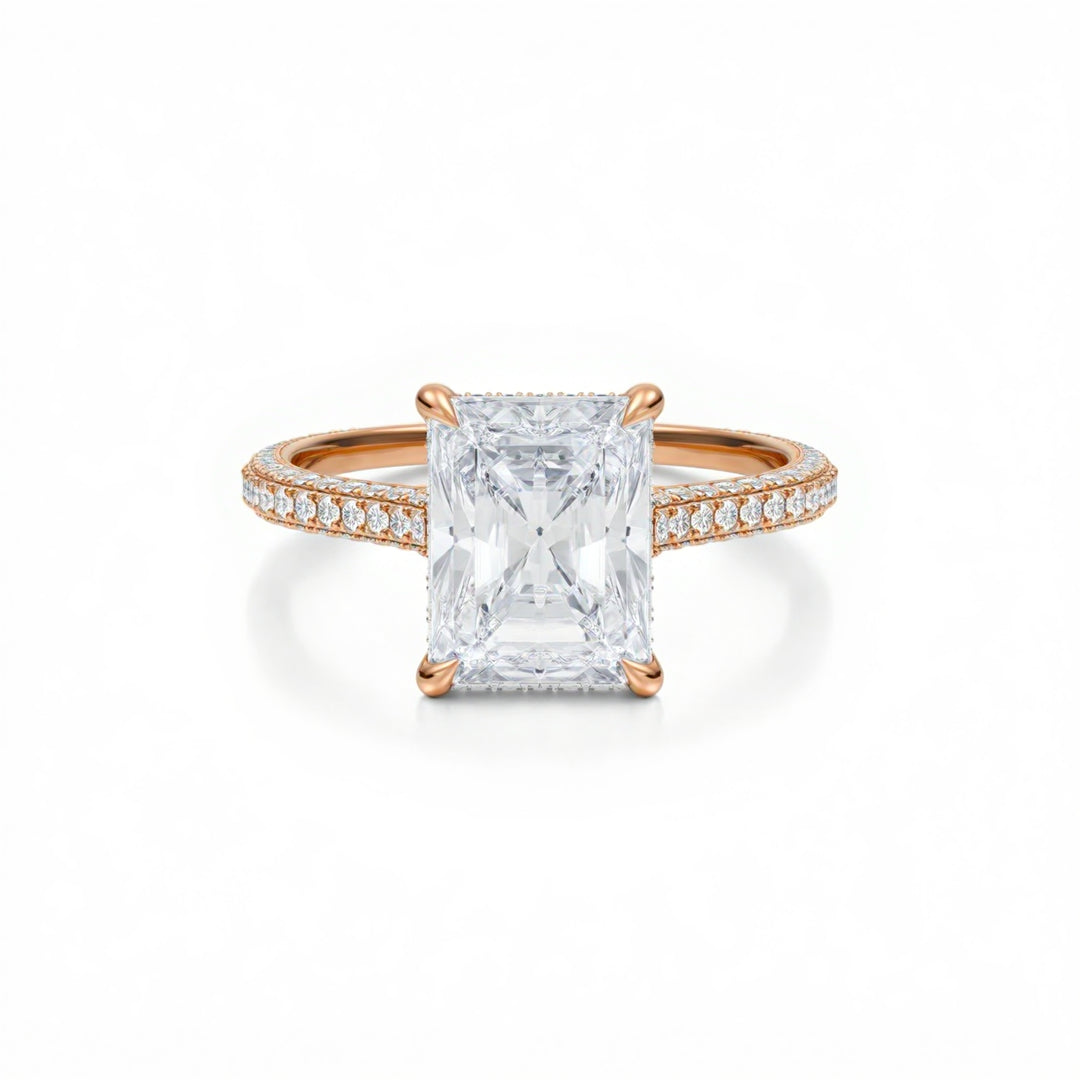 Radiant Three Row Pave Cathedral Ring With Diamond Basket
