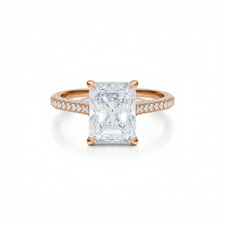Radiant Three Row Pave Cathedral Ring With Diamond Basket