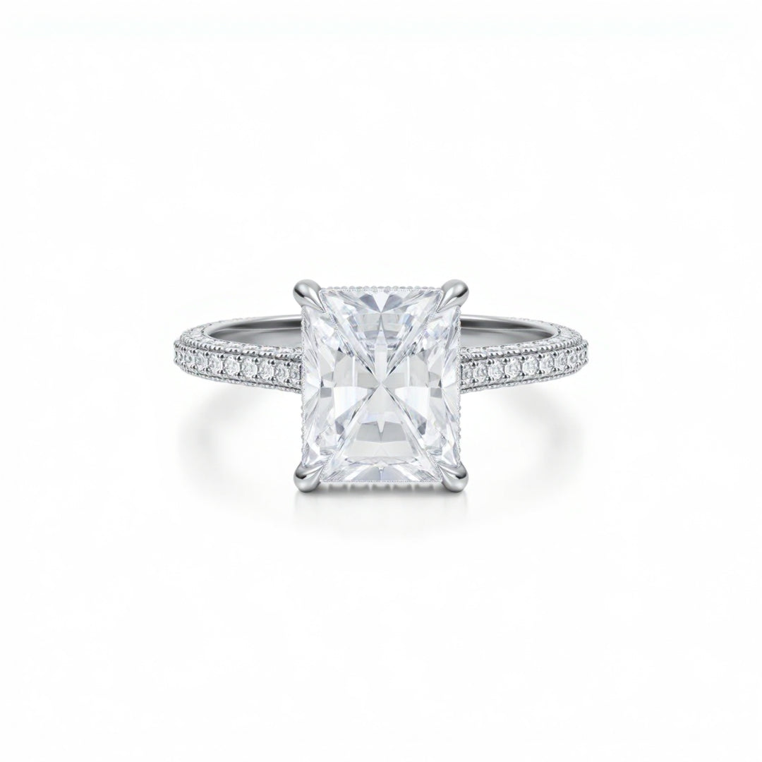 Radiant Three Row Pave Cathedral Ring With Diamond Basket
