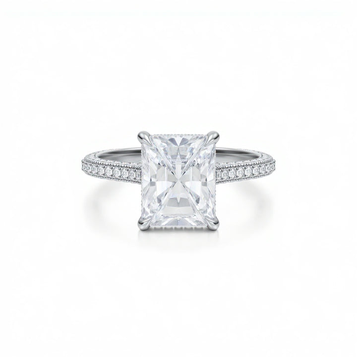 Radiant Three Row Pave Cathedral Ring With Diamond Basket