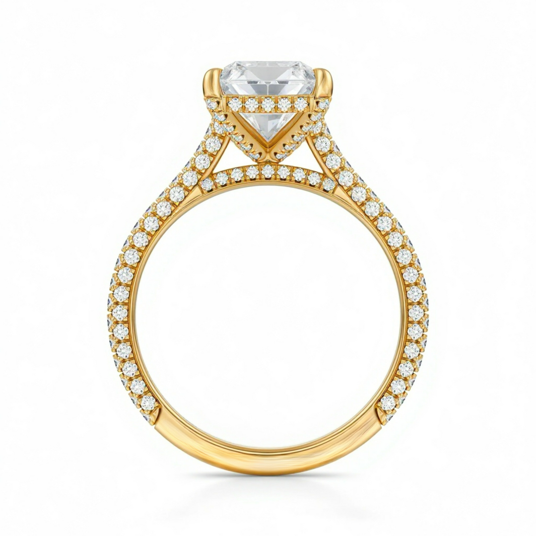Radiant Three Row Pave Cathedral Ring With Diamond Basket