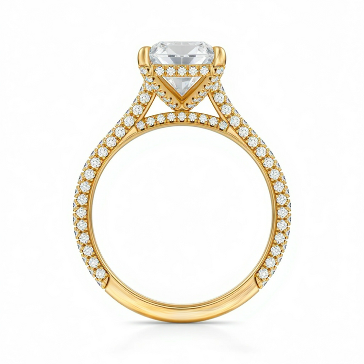 Radiant Three Row Pave Cathedral Ring With Diamond Basket