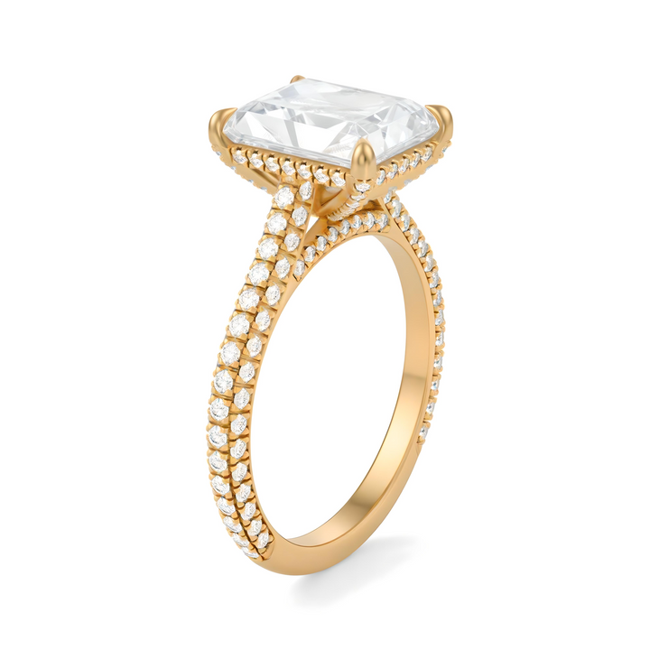 Radiant Three Row Pave Cathedral Ring With Diamond Basket
