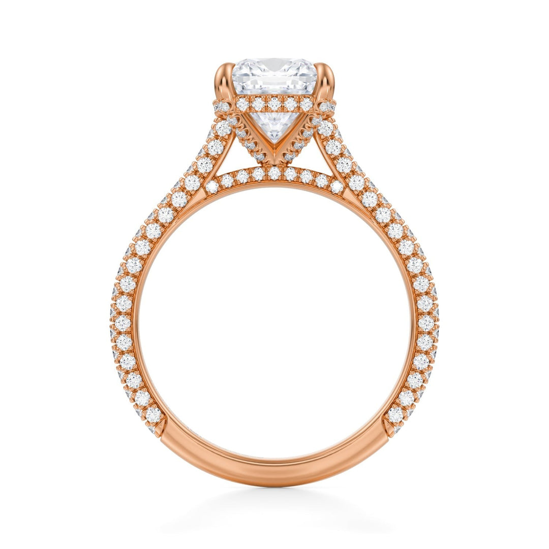Cushion Trio Pave Cathedral Ring With Pave Basket