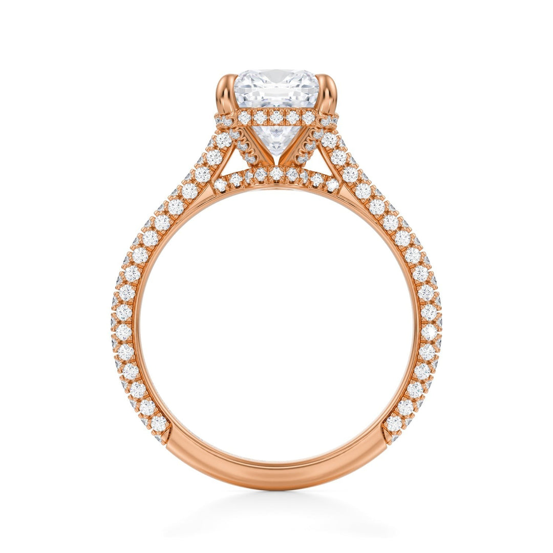 Cushion Trio Pave Cathedral Ring With Low Pave Basket