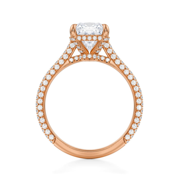 Cushion Trio Pave Cathedral Ring With Low Pave Basket