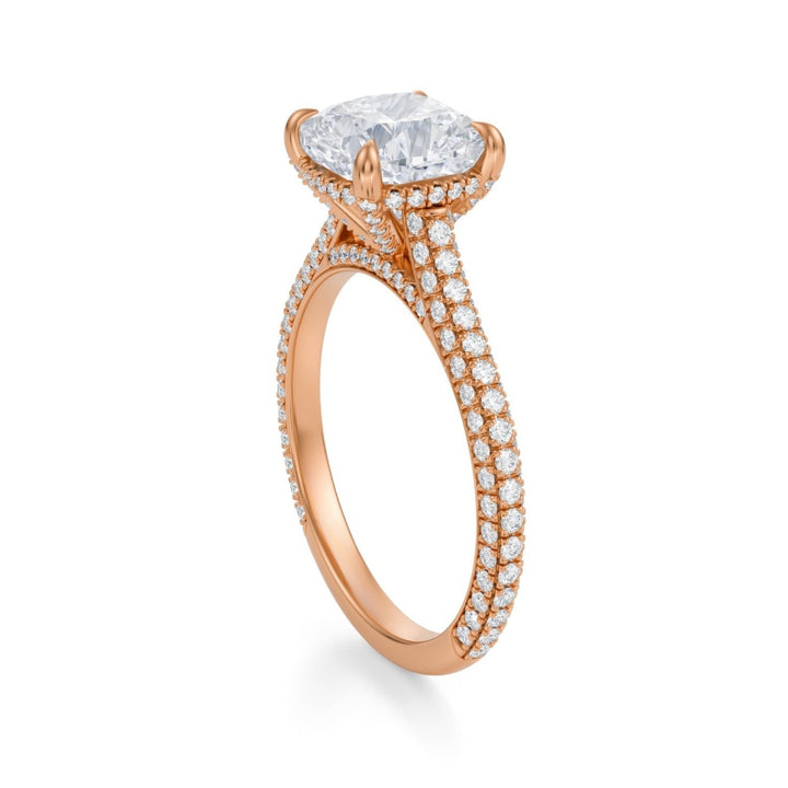 Cushion Trio Pave Cathedral Ring With Pave Basket