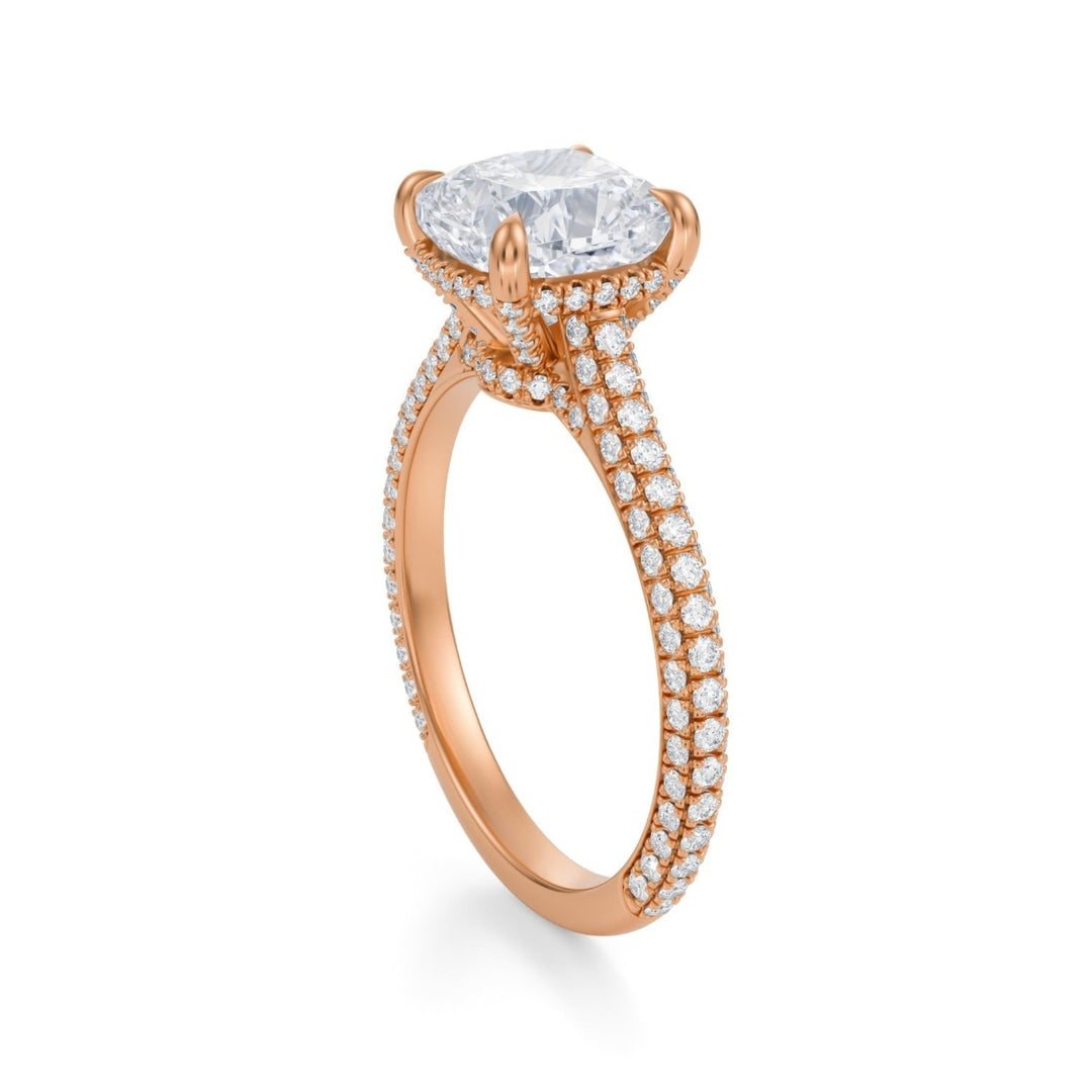 Cushion Trio Pave Cathedral Ring With Low Pave Basket