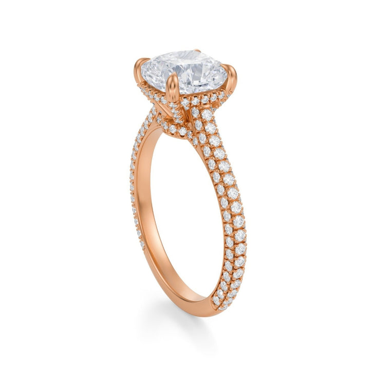 Cushion Trio Pave Cathedral Ring With Low Pave Basket